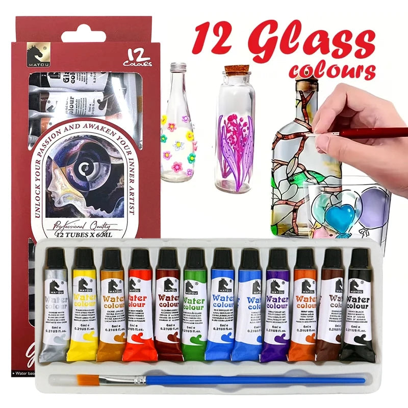 A set of 12 glass colours for watercolor and acrylic art projects, including bottles and paint tubes.