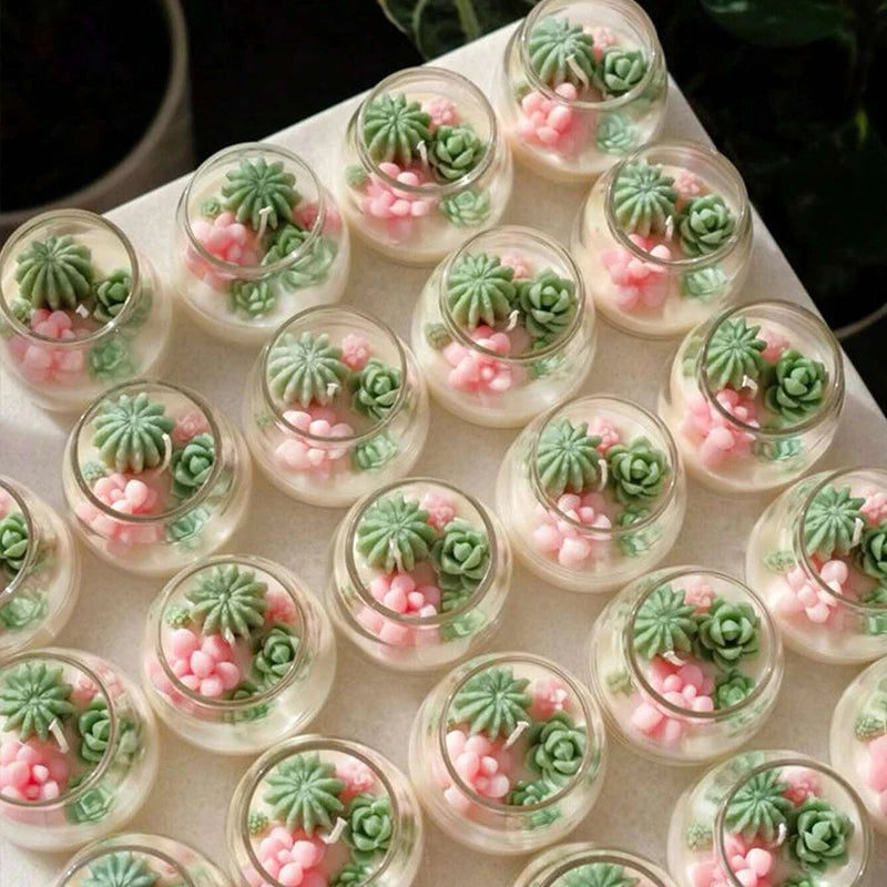 Small glass jars filled with pink and green silicone cactus and succulent flowers for crafts