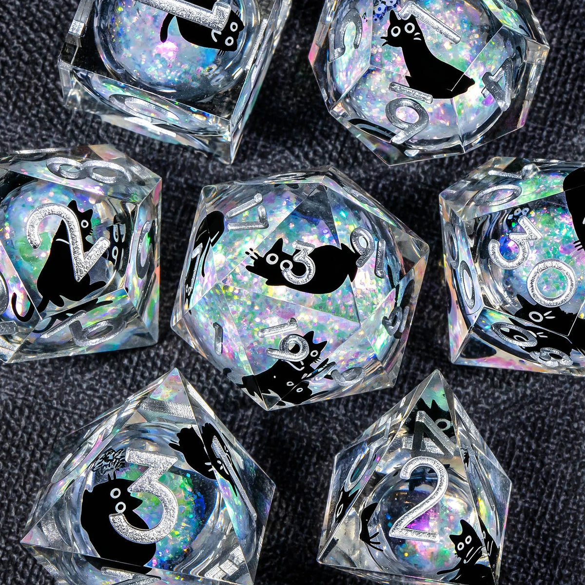 Cat Liquid Core Polyhedral Dice Set with Sharp Edges