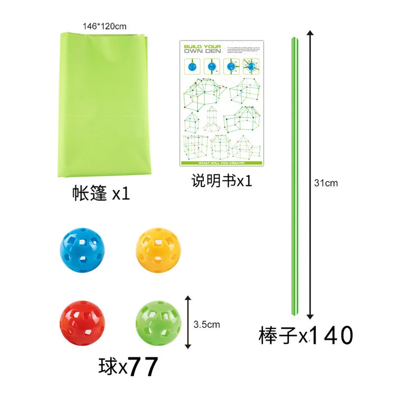 A set of creative building blocks including a tent, play house, and various colored spheres for children's play.