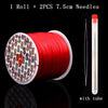 A roll of red elastic beading cord with two 7.5cm needles and a clear tube.