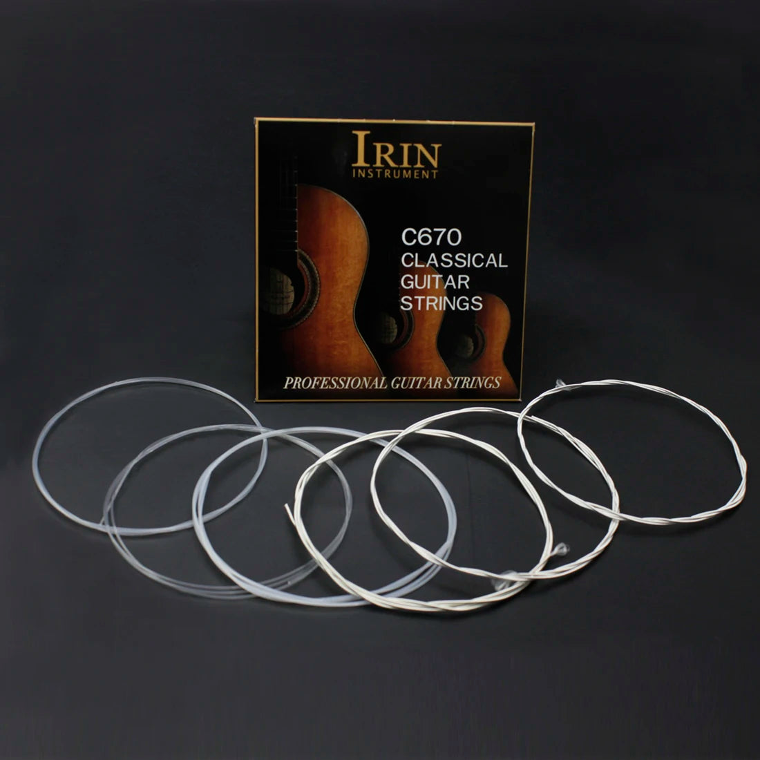 Box of IRIN Instrument C670 classical guitar strings with transparent nylon core and silver plating