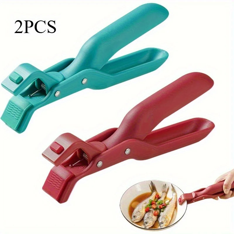 Two silicone pot grippers with metal tongs shown for kitchen and camping use.