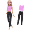 A fashion doll outfit set featuring a pink cropped top and black pants.