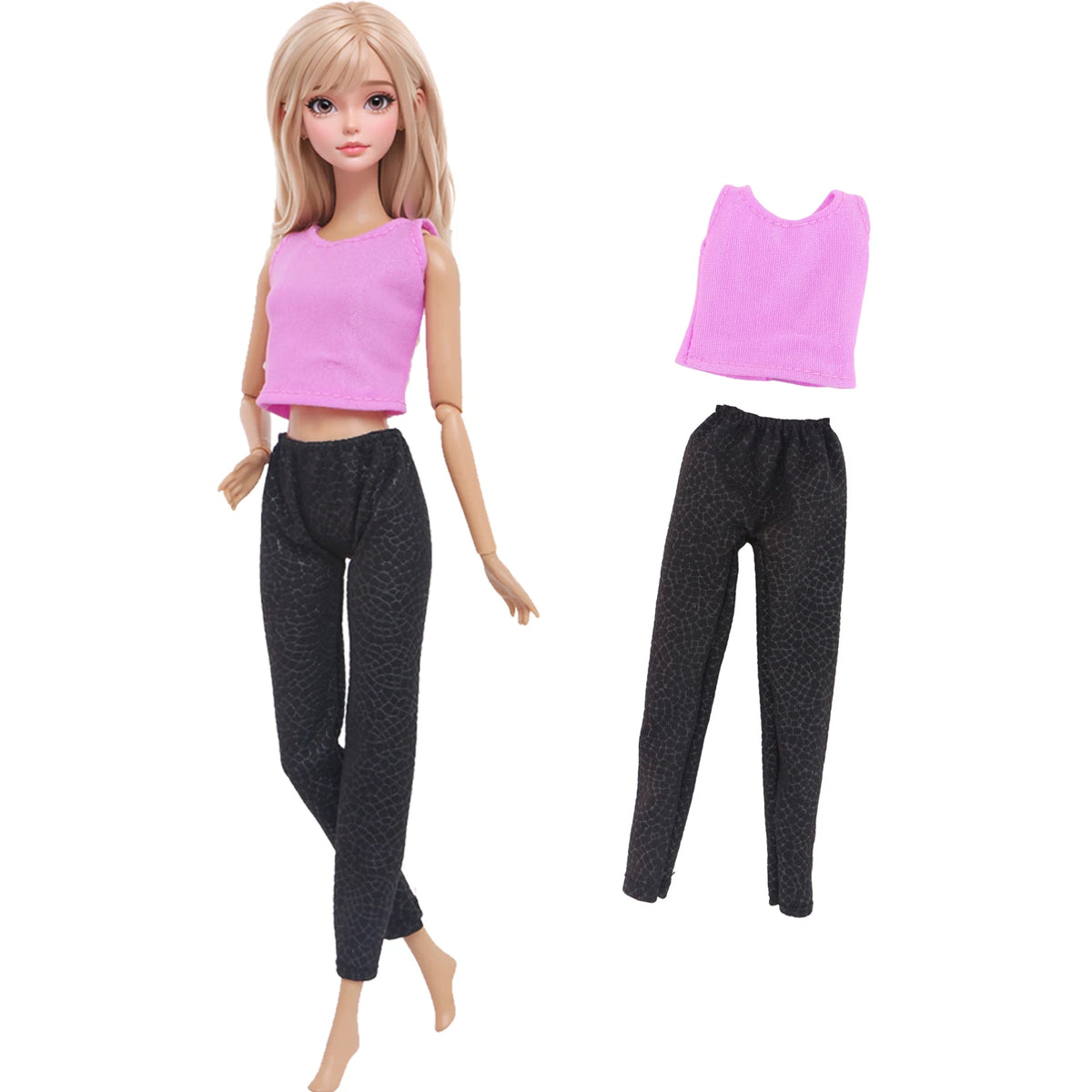 A fashion doll outfit set featuring a pink cropped top and black pants.