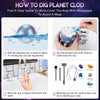 A step-by-step guide showing how to dig planet clod using a kit with a chisel and various rocks.