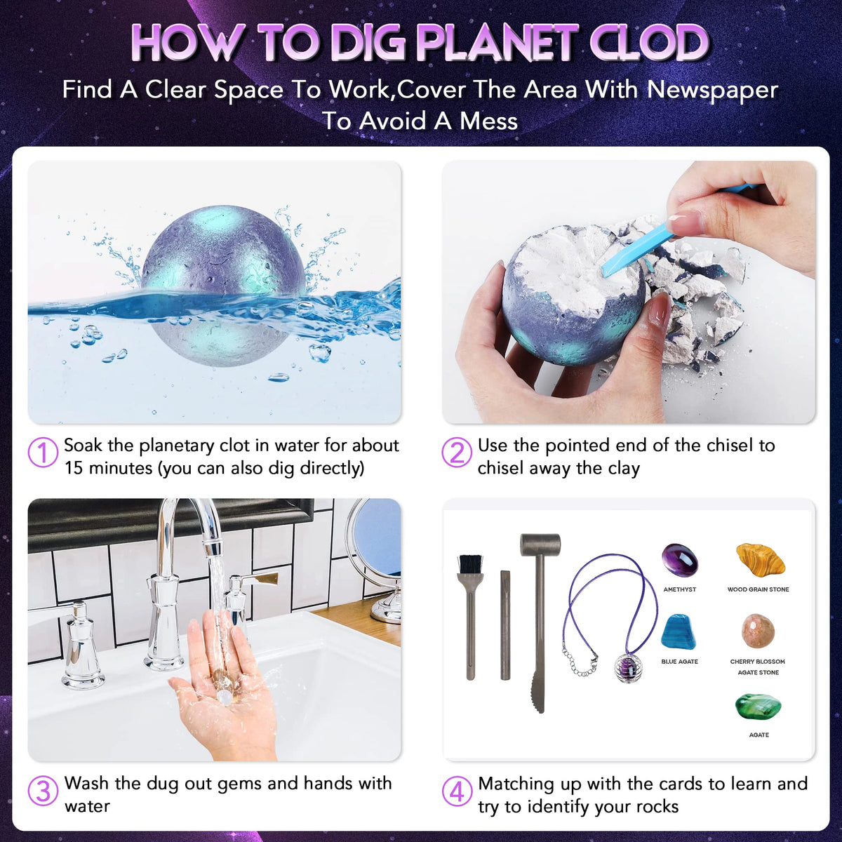 A step-by-step guide showing how to dig planet clod using a kit with a chisel and various rocks.