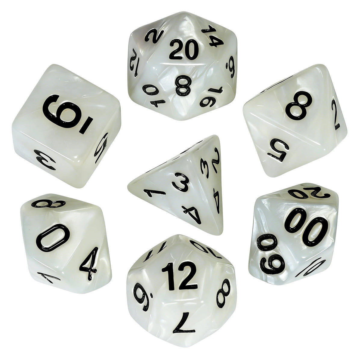 A set of seven white marble effect polyhedral dice showing various numbers and angles.