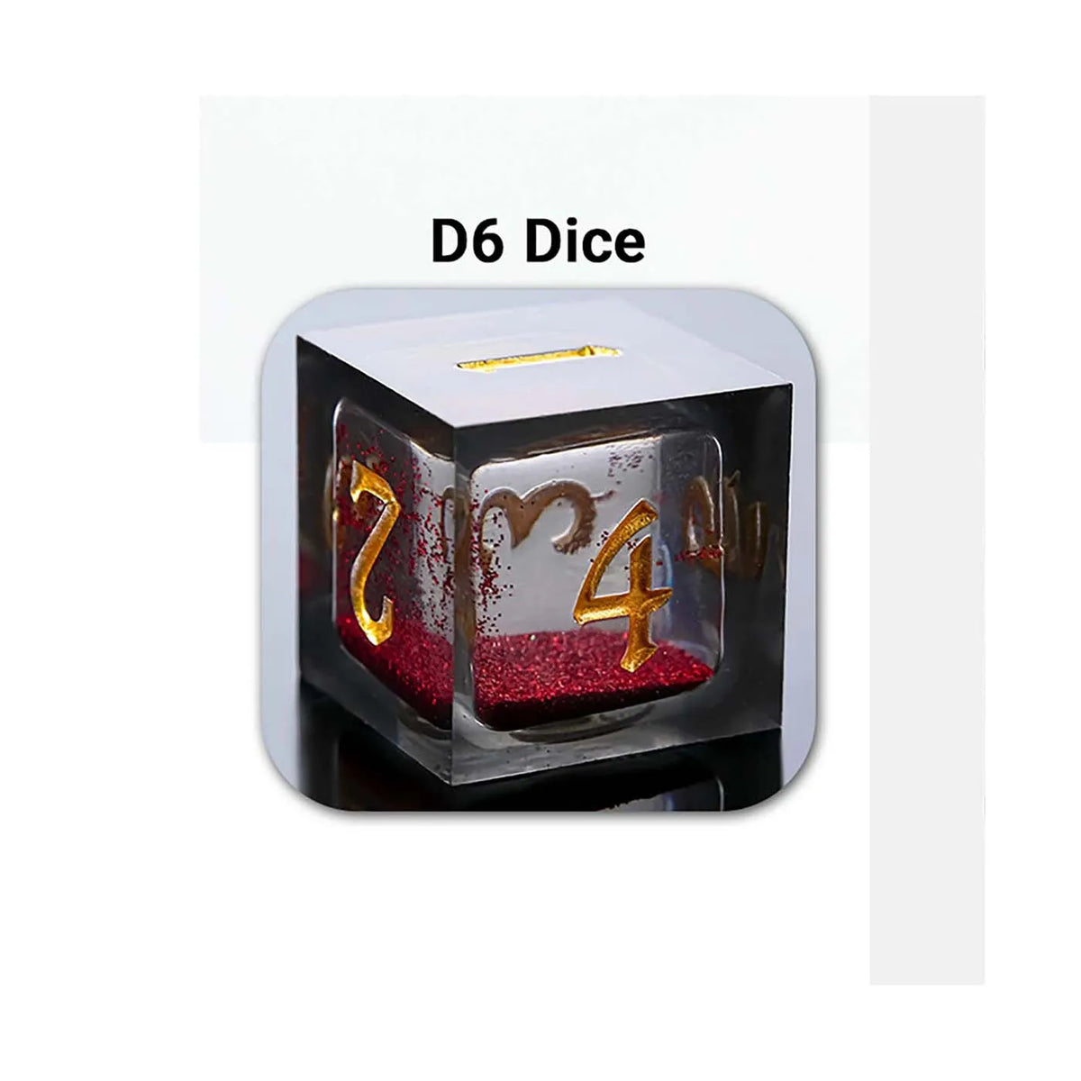 A D6 dice set made of clear resin with red glitter and gold markings for tabletop gaming.