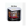 A D6 dice set made of clear resin with red glitter and gold markings for tabletop gaming.