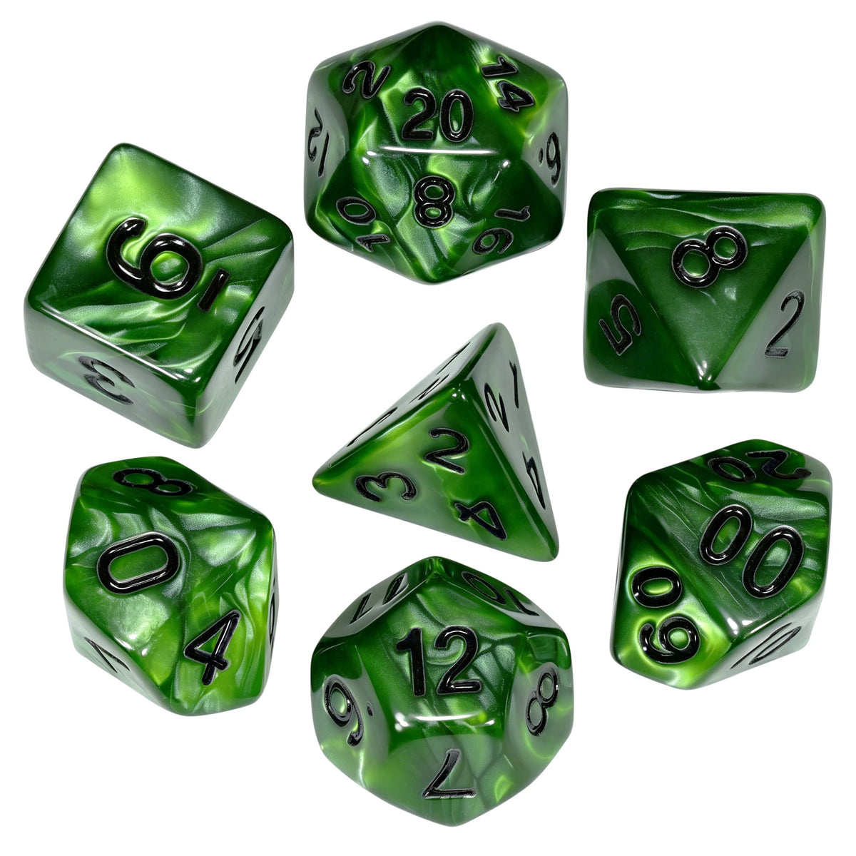 A set of seven green marble effect polyhedral dice showing various numbers and angles.