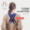 A woman is shown wearing X-shaped crossover shoulder straps on a beige sweater, demonstrating a baby carrier sling.