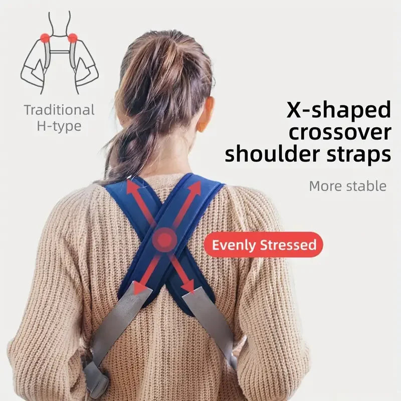 A woman is shown wearing X-shaped crossover shoulder straps on a beige sweater, demonstrating a baby carrier sling.