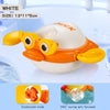 A white duck swimming toy with an orange arm and yellow features, shown in a close-up view.