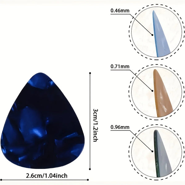 A collection of assorted celluloid guitar picks, showing various shapes and sizes with measurements ranging from 0.46mm to 0.