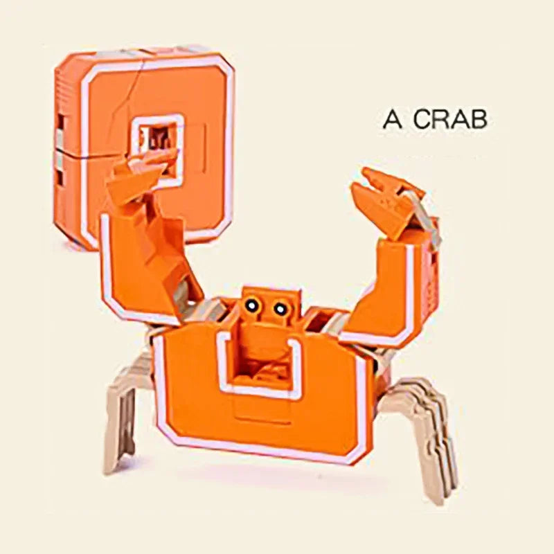 An orange alphabet crab robot toy set with articulated arms and body.