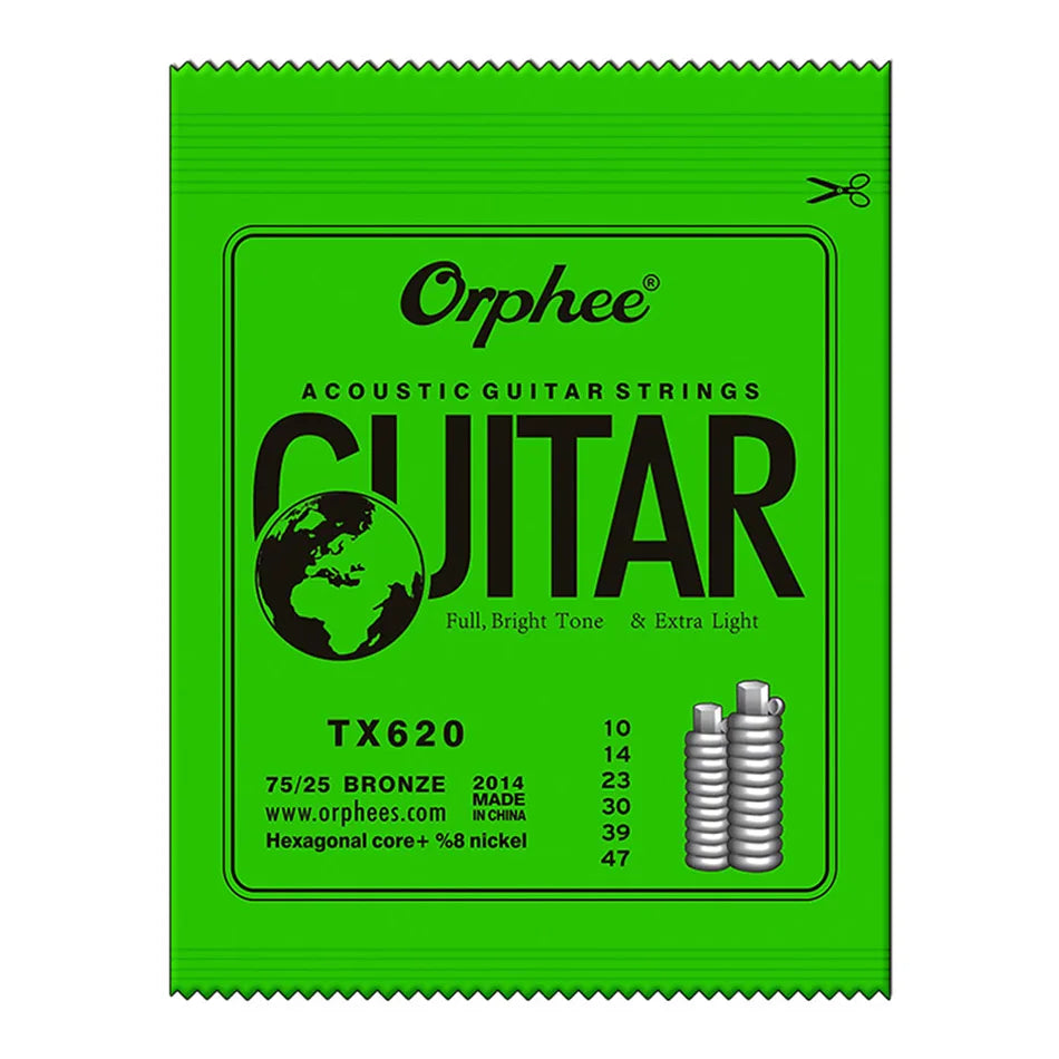 A package of Orphee Acoustic Guitar Strings in bronze color with specifications listed.