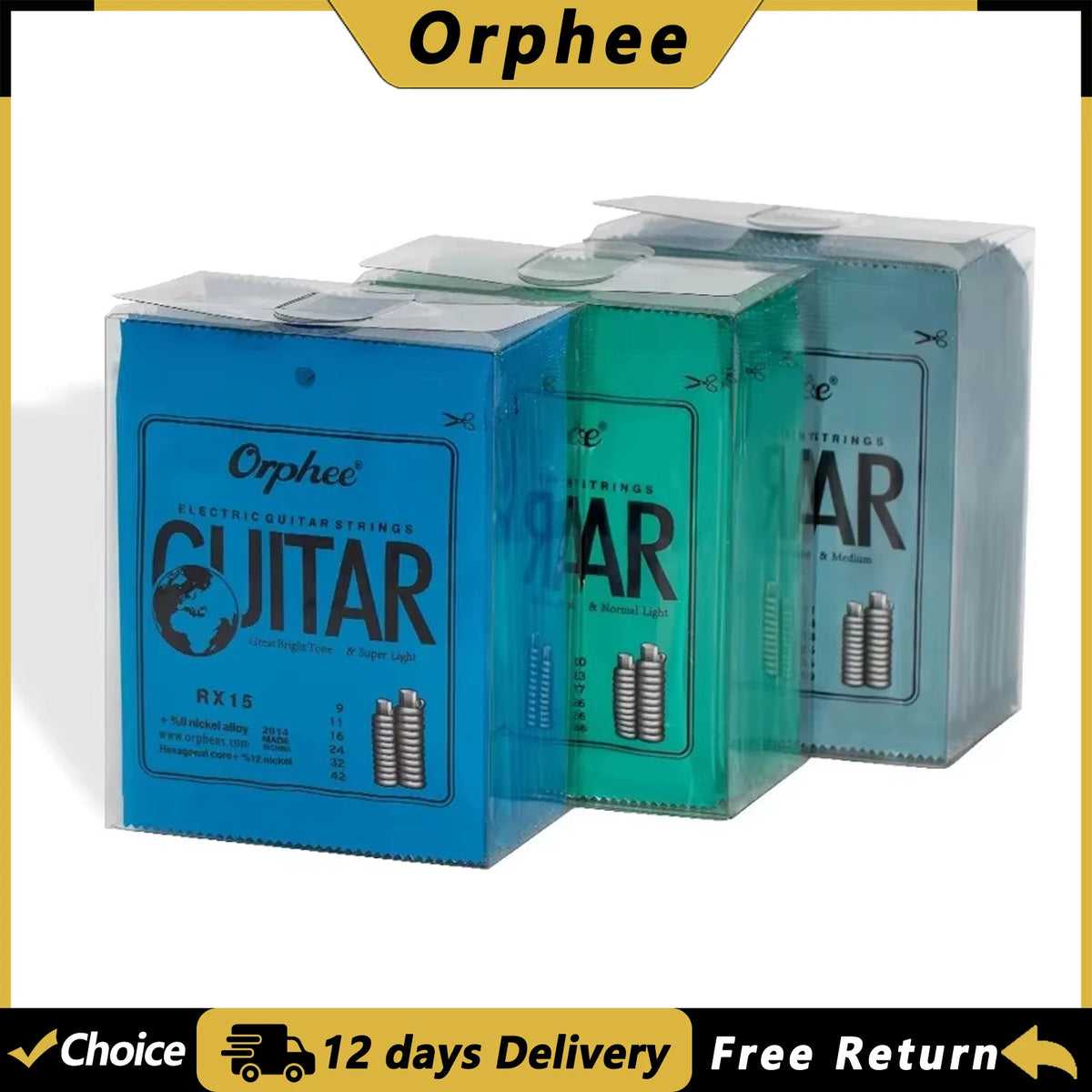 A set of Orphée electric guitar strings in a clear plastic box, featuring nickel wound strings.