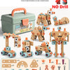 A DIY assembly kit for a kids tool set featuring wooden components and plastic parts for learning and building.