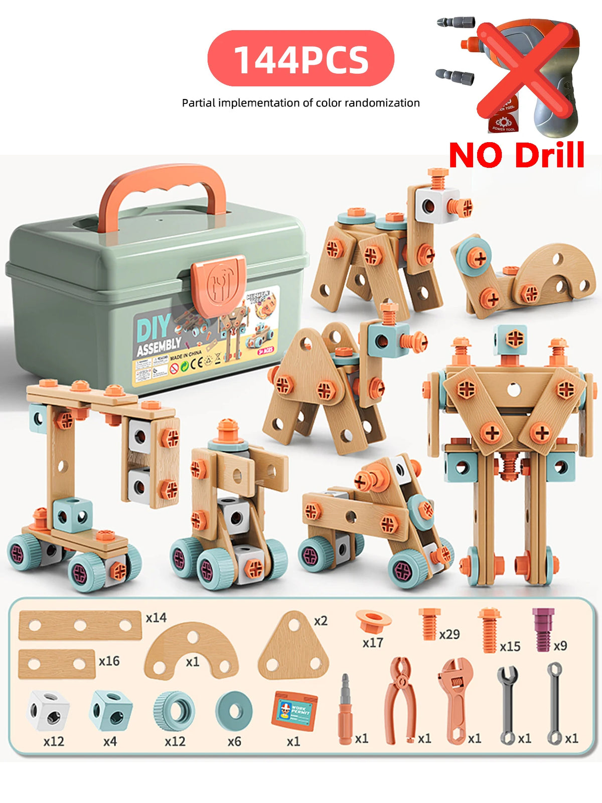 A DIY assembly kit for a kids tool set featuring wooden components and plastic parts for learning and building.
