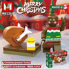 A set of brown building blocks featuring a turkey figure and Christmas decorations.