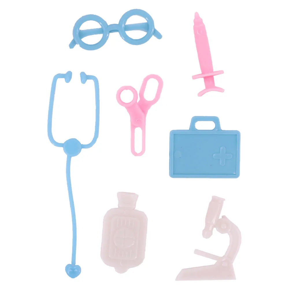 A set of mini dollhouse cleaning and medical accessories including glasses, scissors, a syringe, and a microscope.