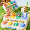 A white Montessori Pop-Up Animal Toy featuring various farm animals in colorful compartments set outdoors on green grass.