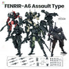 A collection of FENRIR-A6 Assault Type mecha models in various dark and olive green colors, shown with accessory parts.