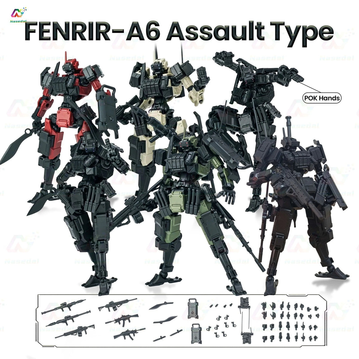 A collection of FENRIR-A6 Assault Type mecha models in various dark and olive green colors, shown with accessory parts.