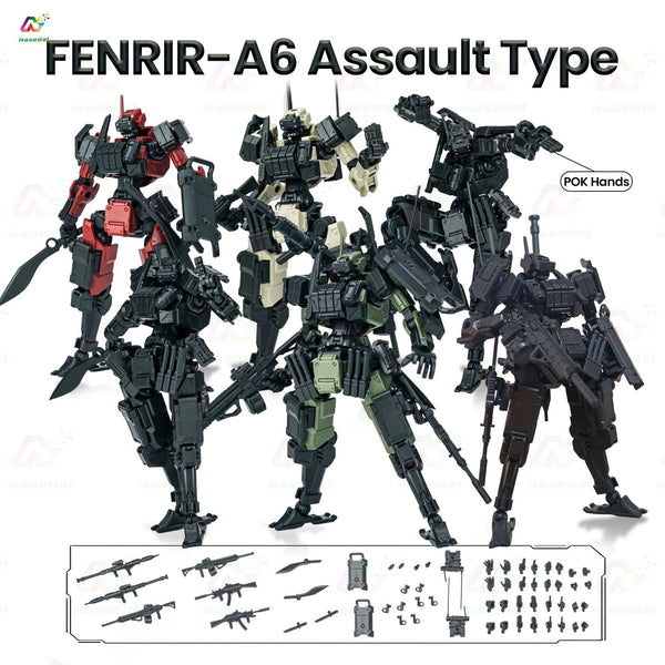Eine Sammlung von FENRIR-A6 Angriffs-Mecha-Modellen in verschiedenen dunklen und olivgrünen Farben, mit Zubehörteilen.