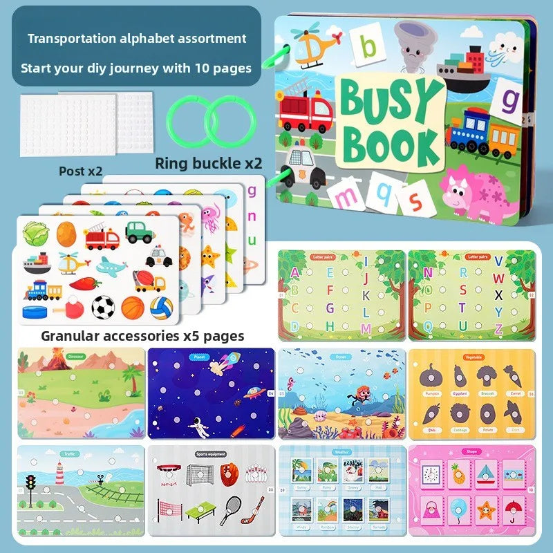 A set of 10 pages of a DIY journey book featuring various accessories and stickers for toddlers