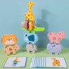A set of wooden animal stacking blocks and shape matching cards featuring various colorful animals.