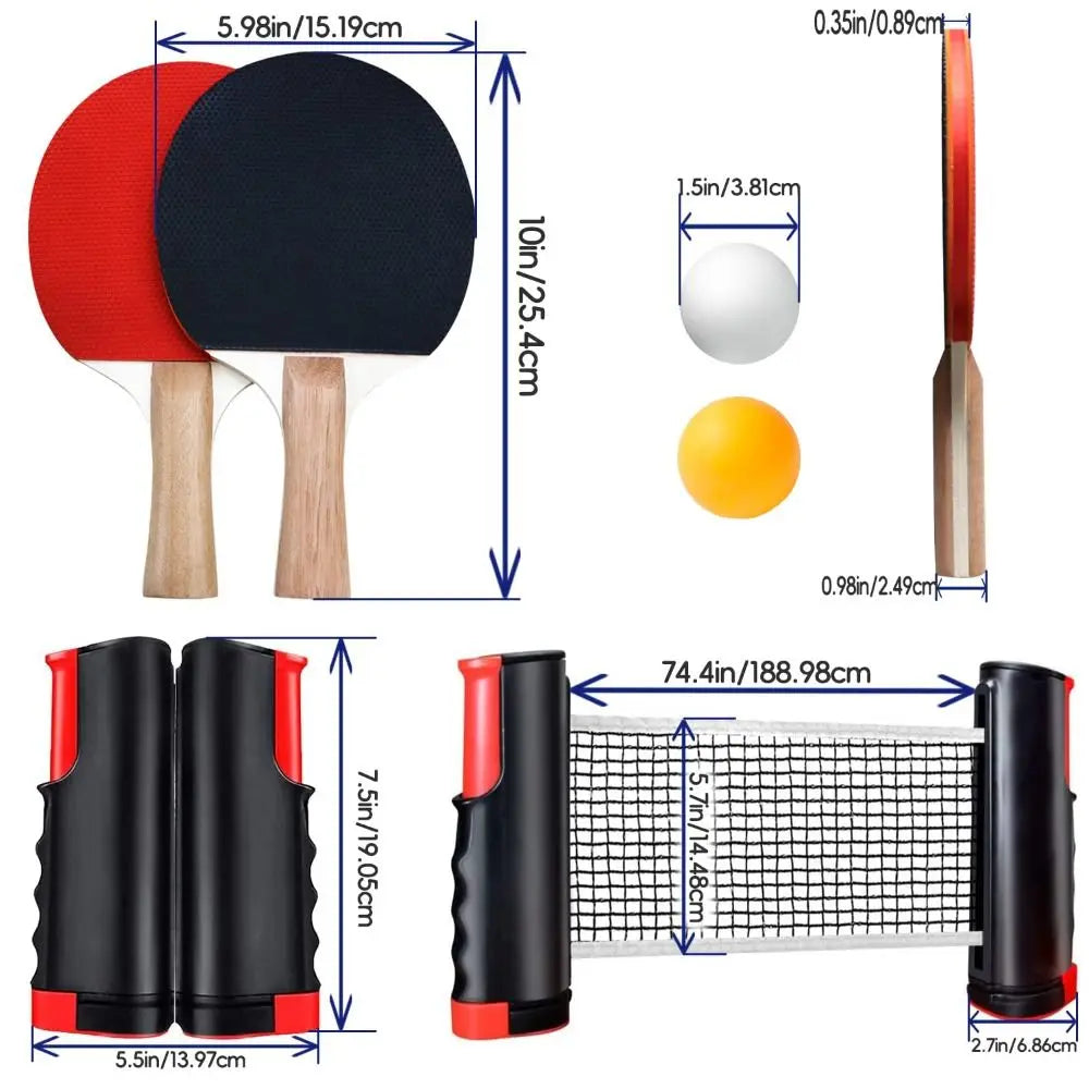 A set of retractable table tennis paddles, a net, and balls shown with various dimensions.