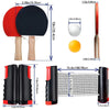 A set of retractable table tennis paddles, a net, and balls shown with various dimensions.