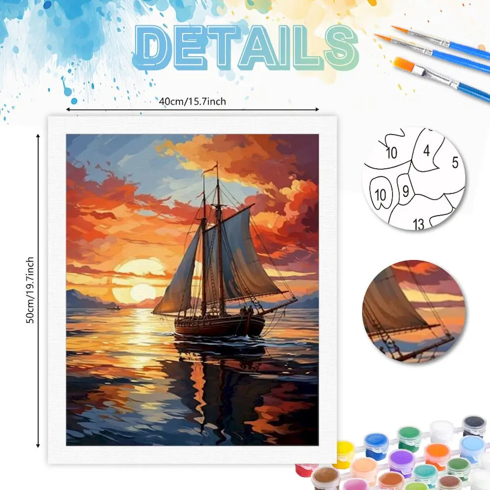 A detailed painting of a sailboat on the water with a sunset sky, presented as a paint by numbers kit.
