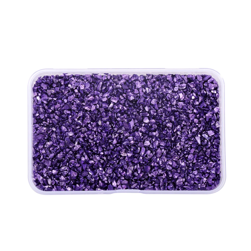 Purple crushed glass stones for resin and craft projects contained in a clear plastic container