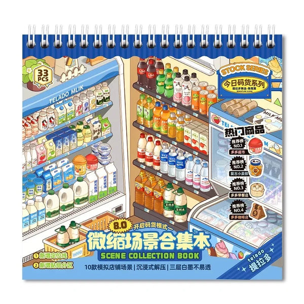 A colorful kit featuring decorative shelf stickers and DIY scene components for creating a collection book.