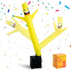 A yellow inflatable tube guy with a blower is shown waving, surrounded by confetti.