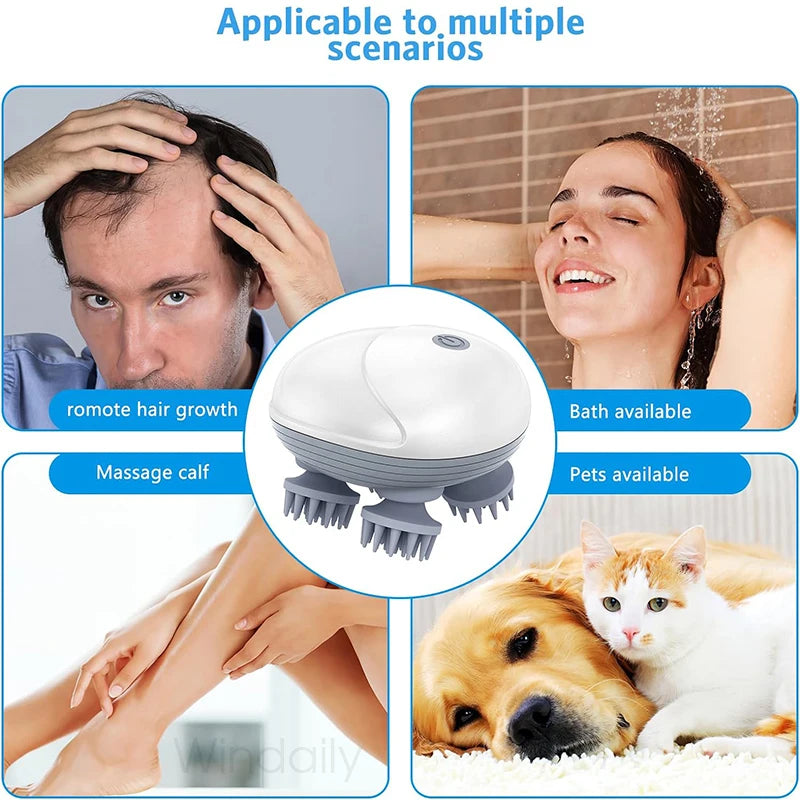 White electric massager device used for remote hair growth, calf massage, and pet grooming.