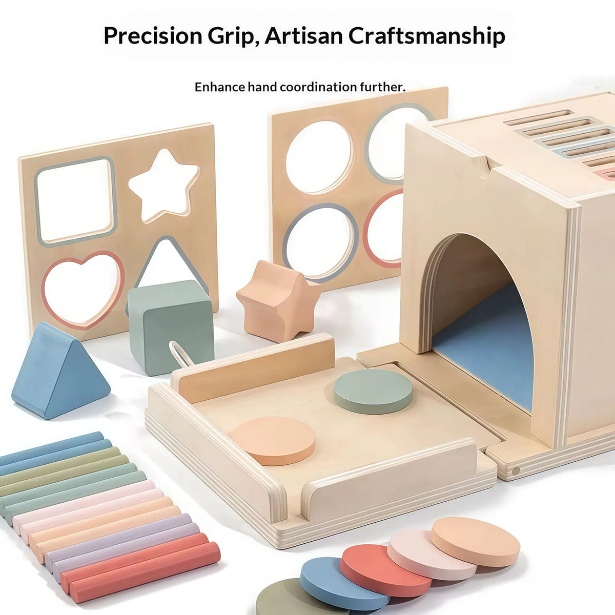 Wooden Montessori color sorting and shape sorter featuring various wooden shapes and colors for toddlers