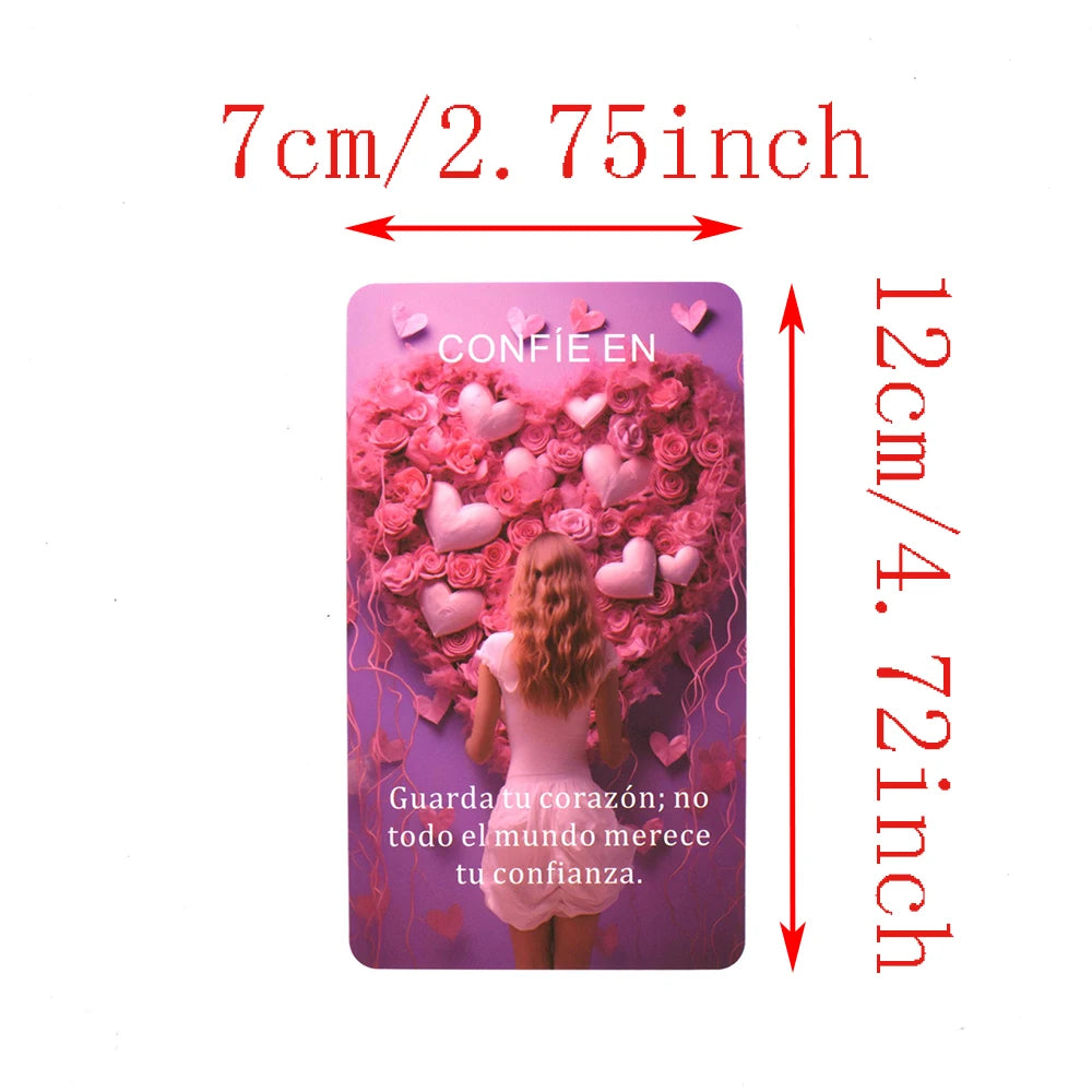 A pink oracle card featuring a woman surrounded by pink roses and text encouraging trust in love.