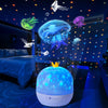 A blue spherical projector casts a starry sky and glowing jellyfish patterns onto a dark room.