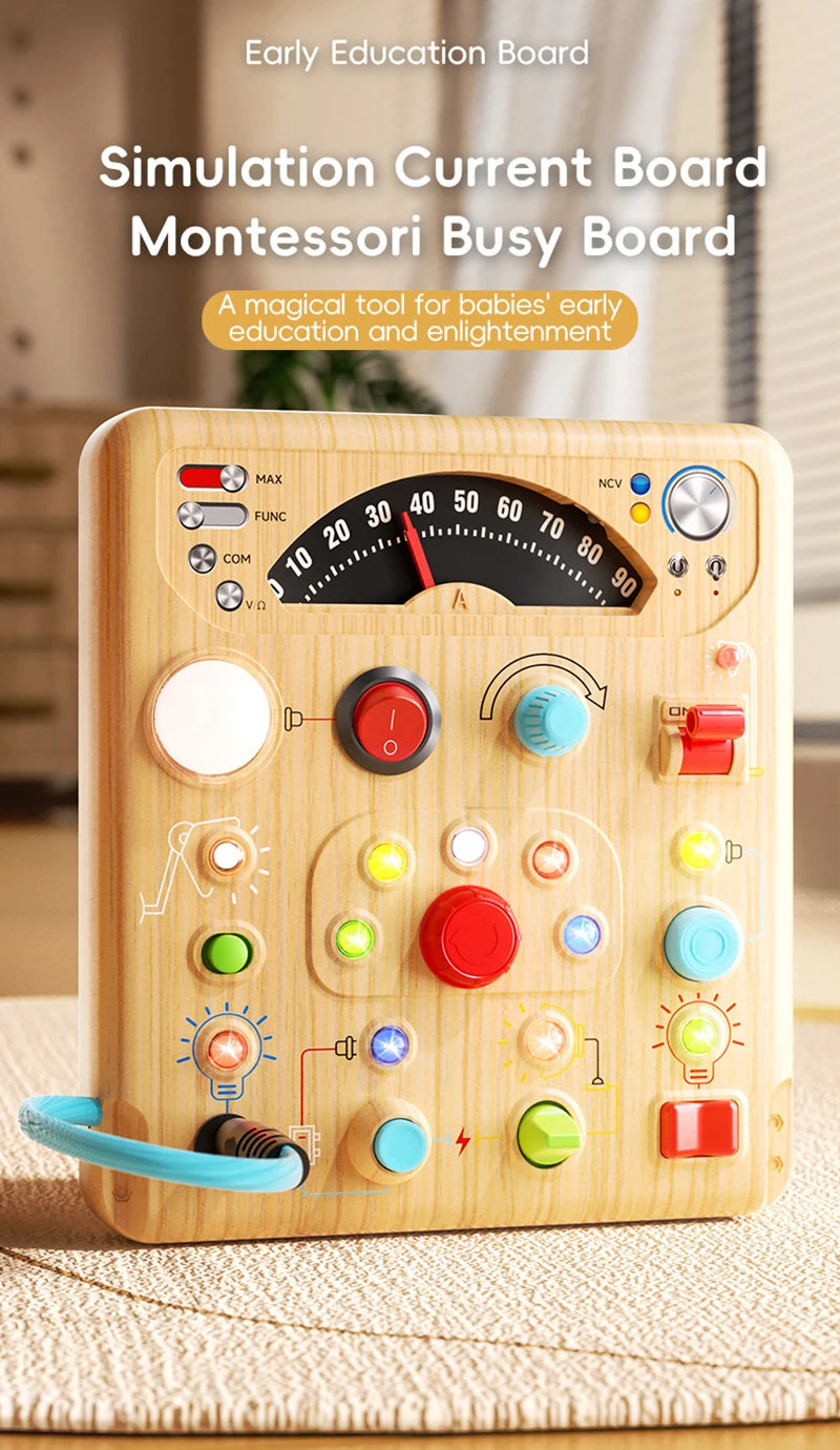 A wooden Montessori busy board featuring various lights, switches, and functions for early education.