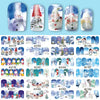 A collection of Christmas themed nail art stickers featuring snowmen, festive figures, and winter scenes for manicures.