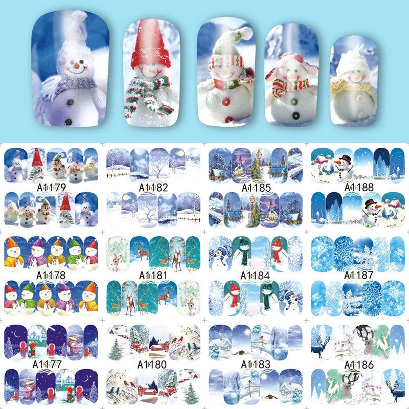 A collection of Christmas themed nail art stickers featuring snowmen, festive figures, and winter scenes for manicures.