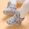 Gray plush baby snow boots for girls and boys with a patterned fabric and anti-slip sole