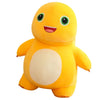 A bright yellow, smiling dinosaur plush toy with large green eyes and a light beige belly.