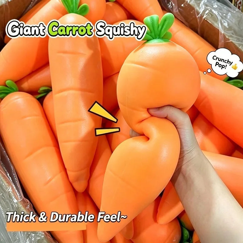 A hand is squeezing an orange carrot squishy toy, demonstrating its thick and durable feel.