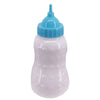 A clear plastic baby bottle with a light blue cap and a white body for doll feeding.