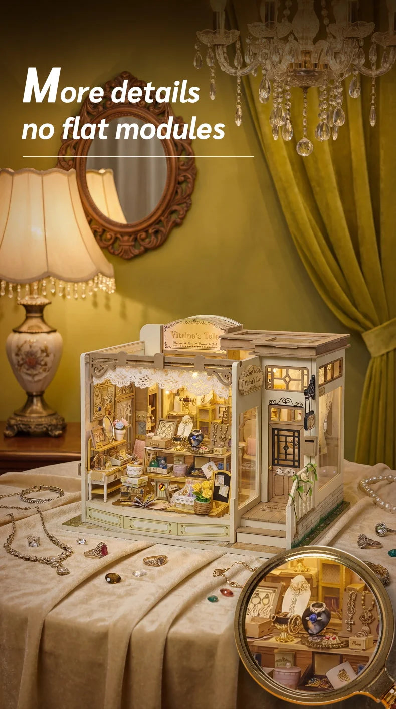 A detailed wooden miniature dollhouse kit displayed on a table with surrounding decorative elements.